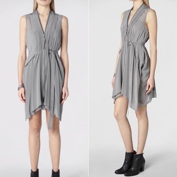 All Saints Pale Gray Lewis Dress Women's Size 6 Silk Tunic Flowy belt dress - Picture 6 of 8
